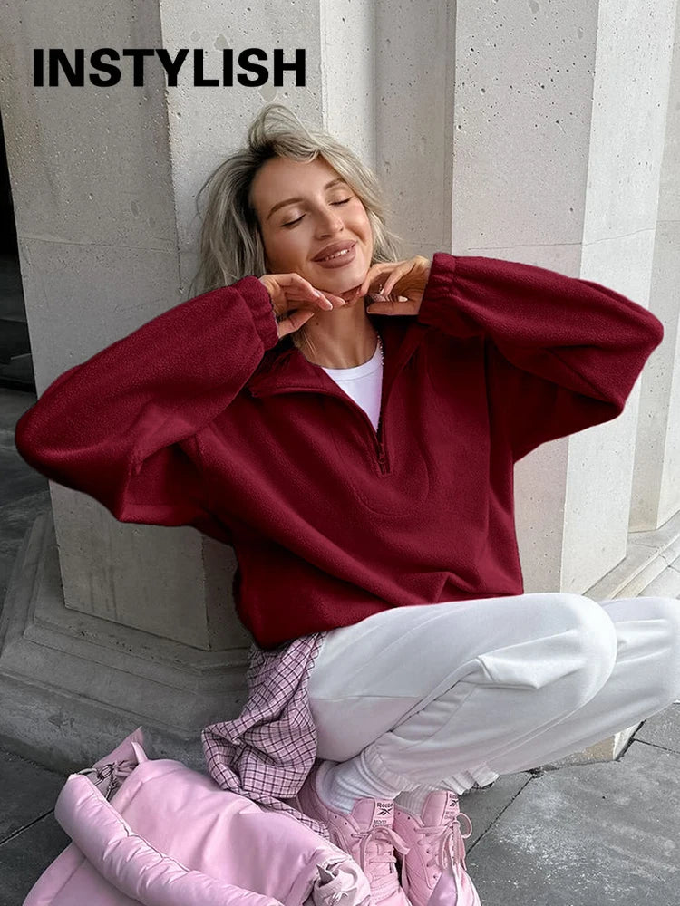 Women Autumn Winter Fleece Hoodies Elegant Stand Collar Zipper Loose Sweatshirt Elegant Solid Pullover Casual Top Streetwear