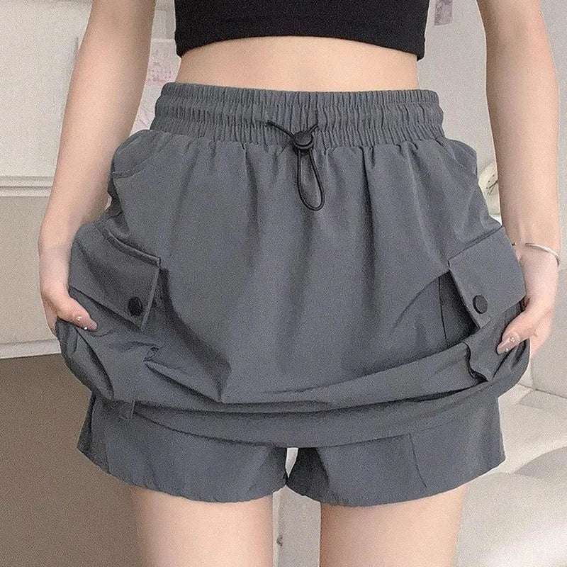 Summer Female Ins Korean Cargo Short Skirts Hot Sale Women Quick Drying Dress Girls Drawstring High Waist Thin Skirts