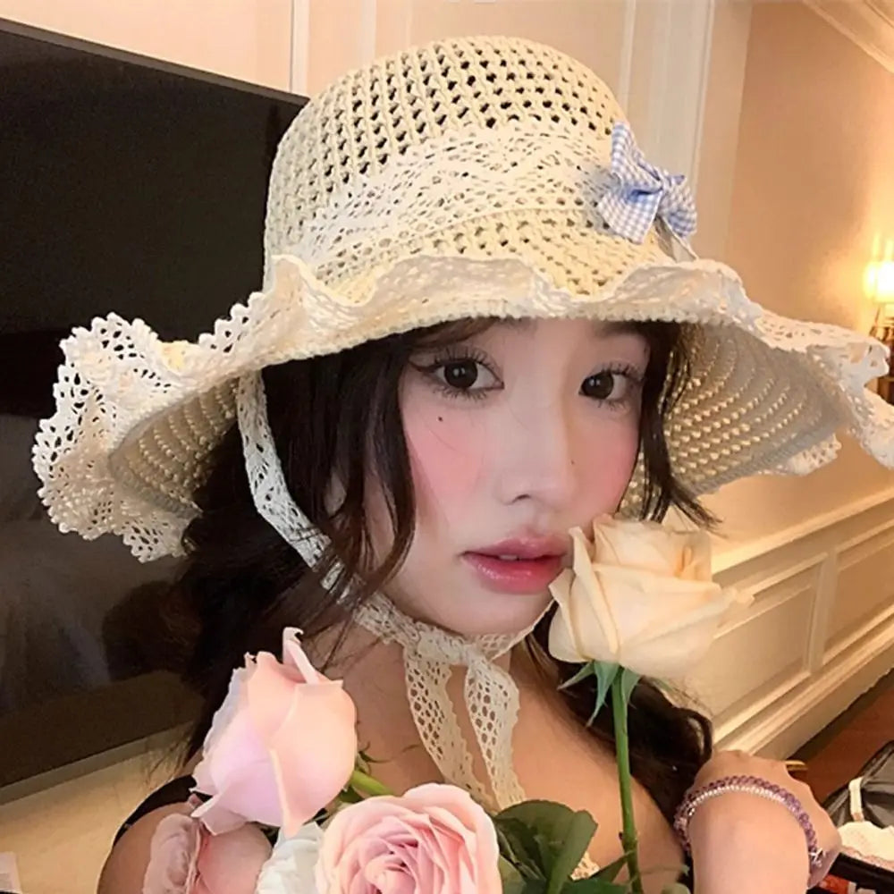 Summer Elegant Big Bowknot Sun Hat Sweet Wide Brim Woman's Straw Hat Anti UV Sun Protection Lace Brim Sunshade Cap Beach