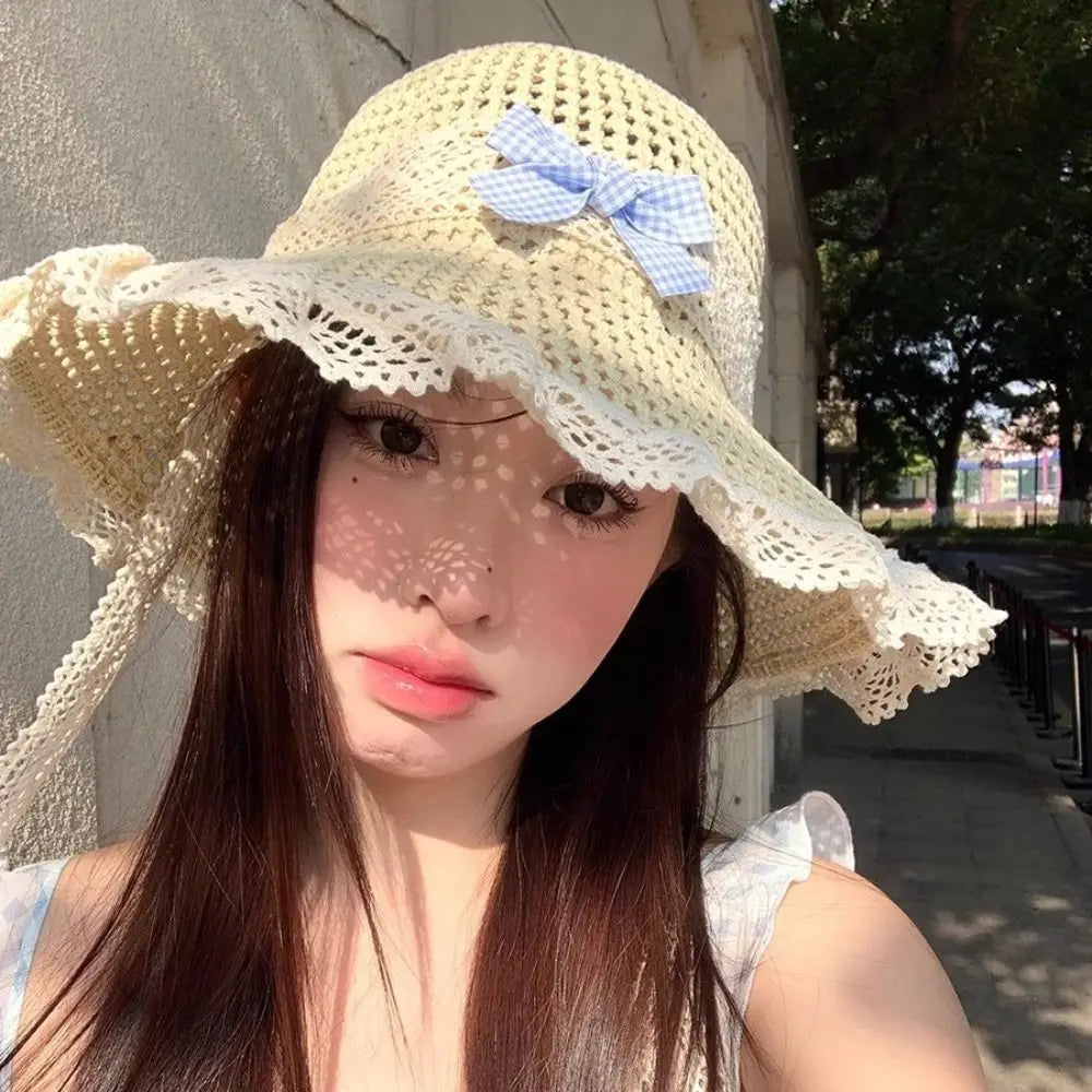 Summer Elegant Big Bowknot Sun Hat Sweet Wide Brim Woman's Straw Hat Anti UV Sun Protection Lace Brim Sunshade Cap Beach