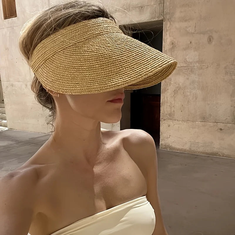 Summer  Woven Sun Hat, Wide Brim UV Resistant Summer Beach Hat, Can Roll Up Ponytail Travel Sun Hat