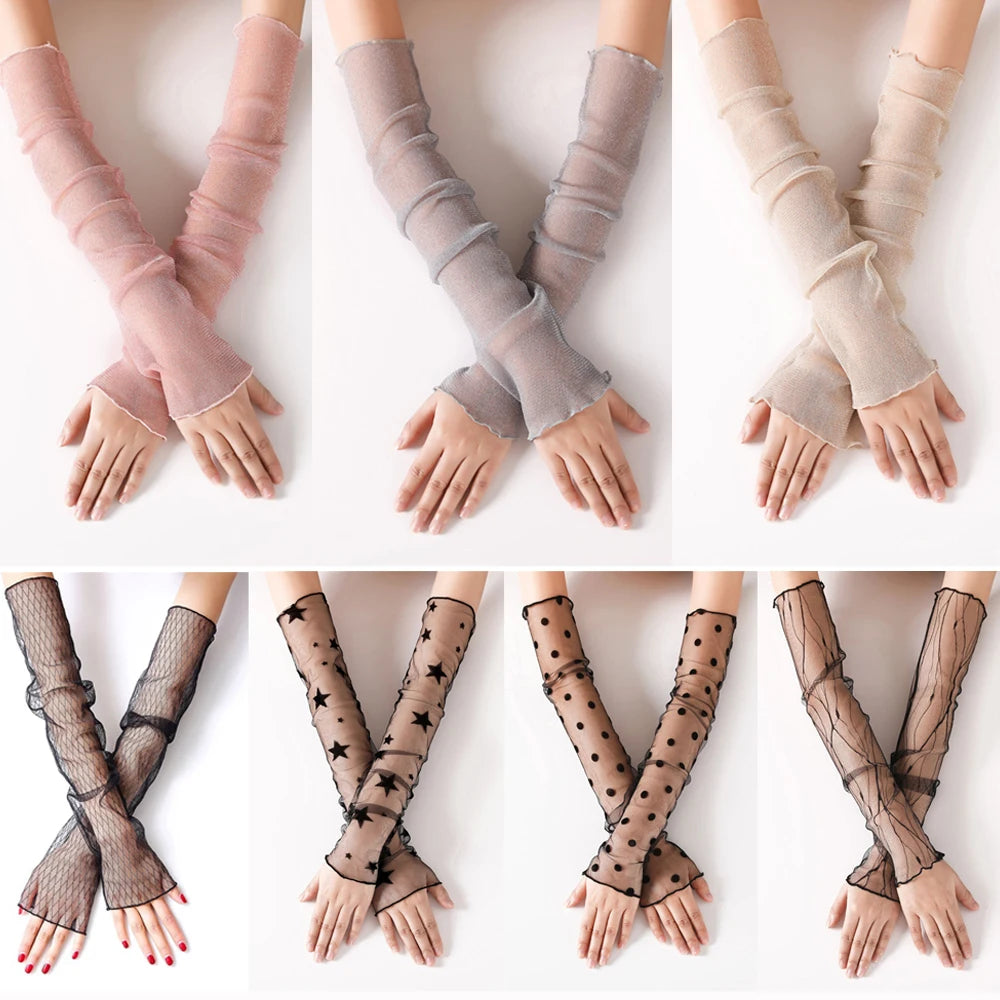 Summer Sexy Sunscreen Lace Arm Sleeve Women Arm Cover UV Protection Ice Arm Cuffs Lady Fingerless Driving Accessories Gloves
