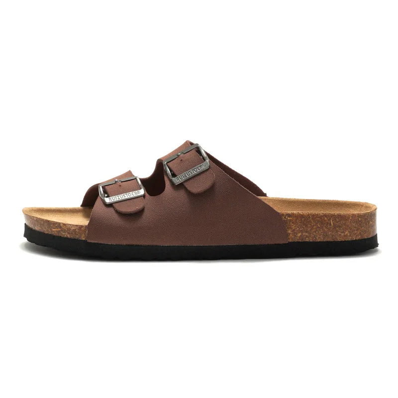 2025 Male Comfortable Slipper Man's Leather Sandal Beach Men Designer Brands Shoes Leather buckle cork slippers Summer Homme