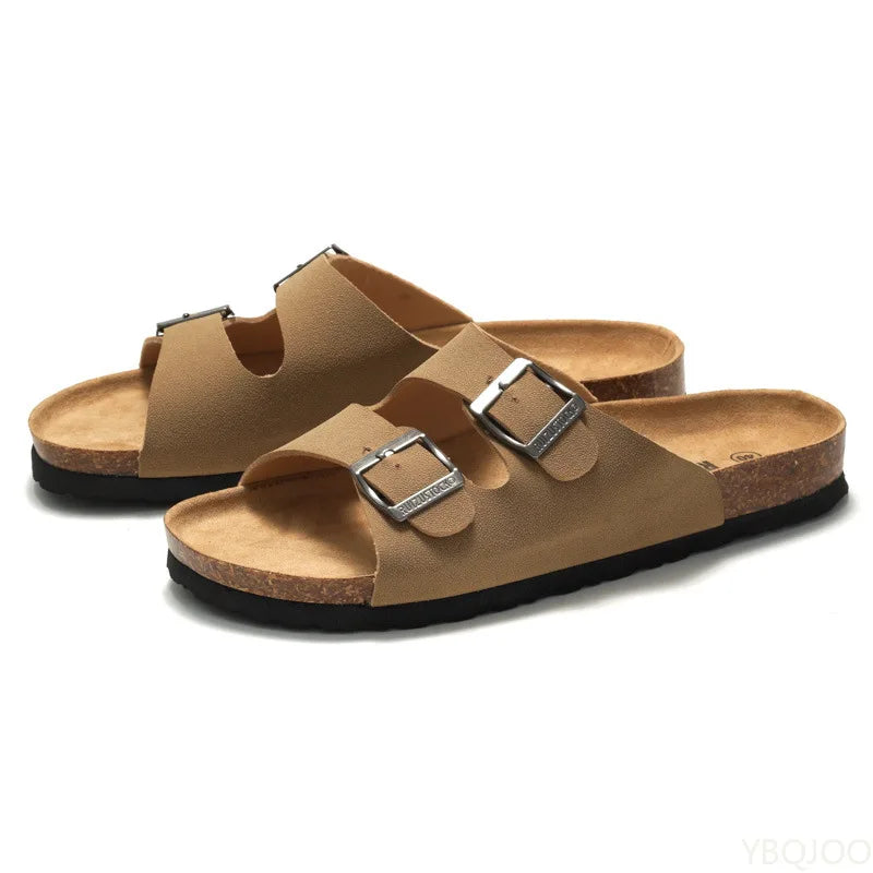 2025 Male Comfortable Slipper Man's Leather Sandal Beach Men Designer Brands Shoes Leather buckle cork slippers Summer Homme