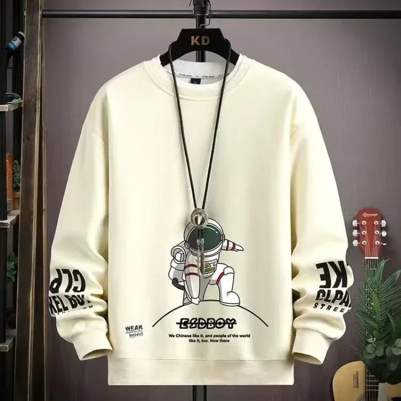 Autumn Men's Sweatshirt Adolescent Astronaut Printed Long Sleeve T-shirt Fashion Men's Clothing Grey O Neck Harajuku Top New