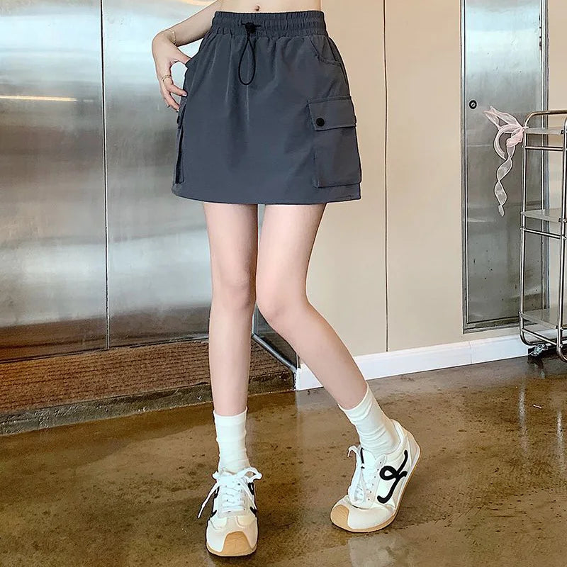 Summer Female Ins Korean Cargo Short Skirts Hot Sale Women Quick Drying Dress Girls Drawstring High Waist Thin Skirts