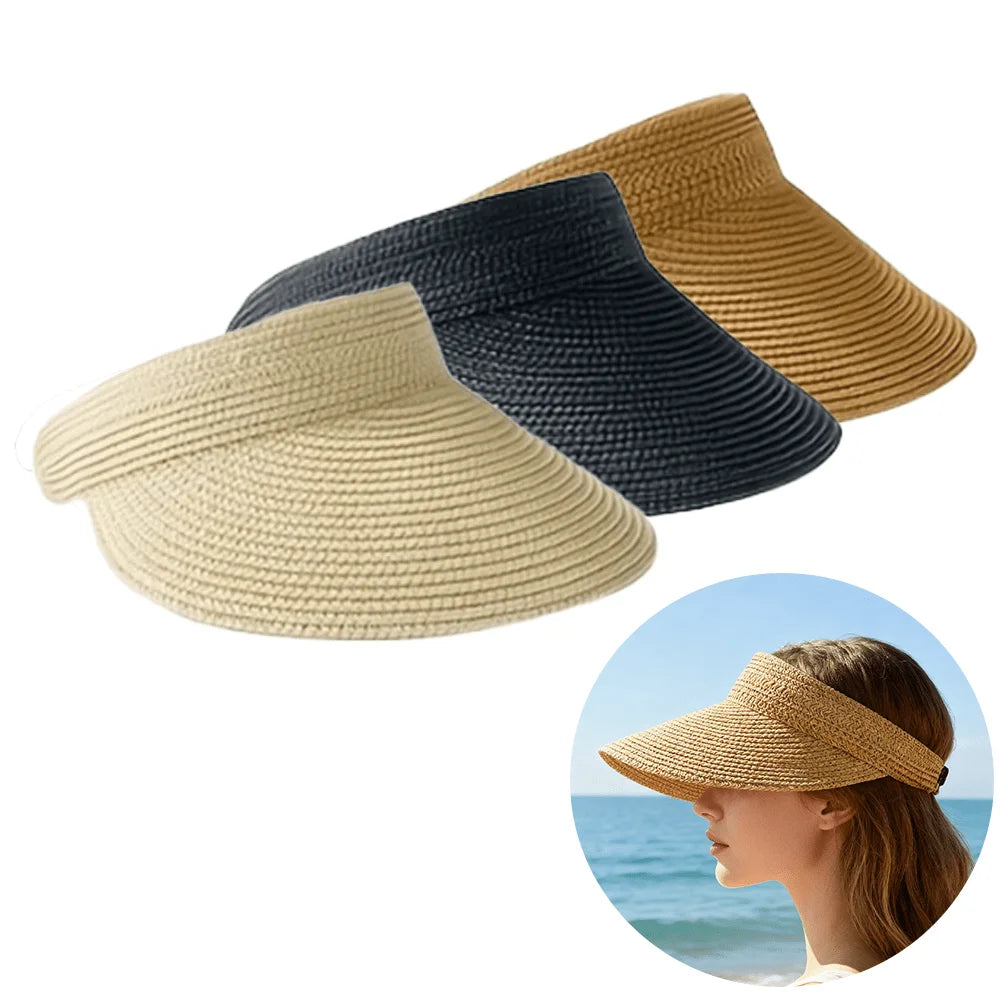 Summer  Woven Sun Hat, Wide Brim UV Resistant Summer Beach Hat, Can Roll Up Ponytail Travel Sun Hat