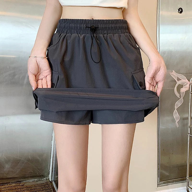 Summer Female Ins Korean Cargo Short Skirts Hot Sale Women Quick Drying Dress Girls Drawstring High Waist Thin Skirts