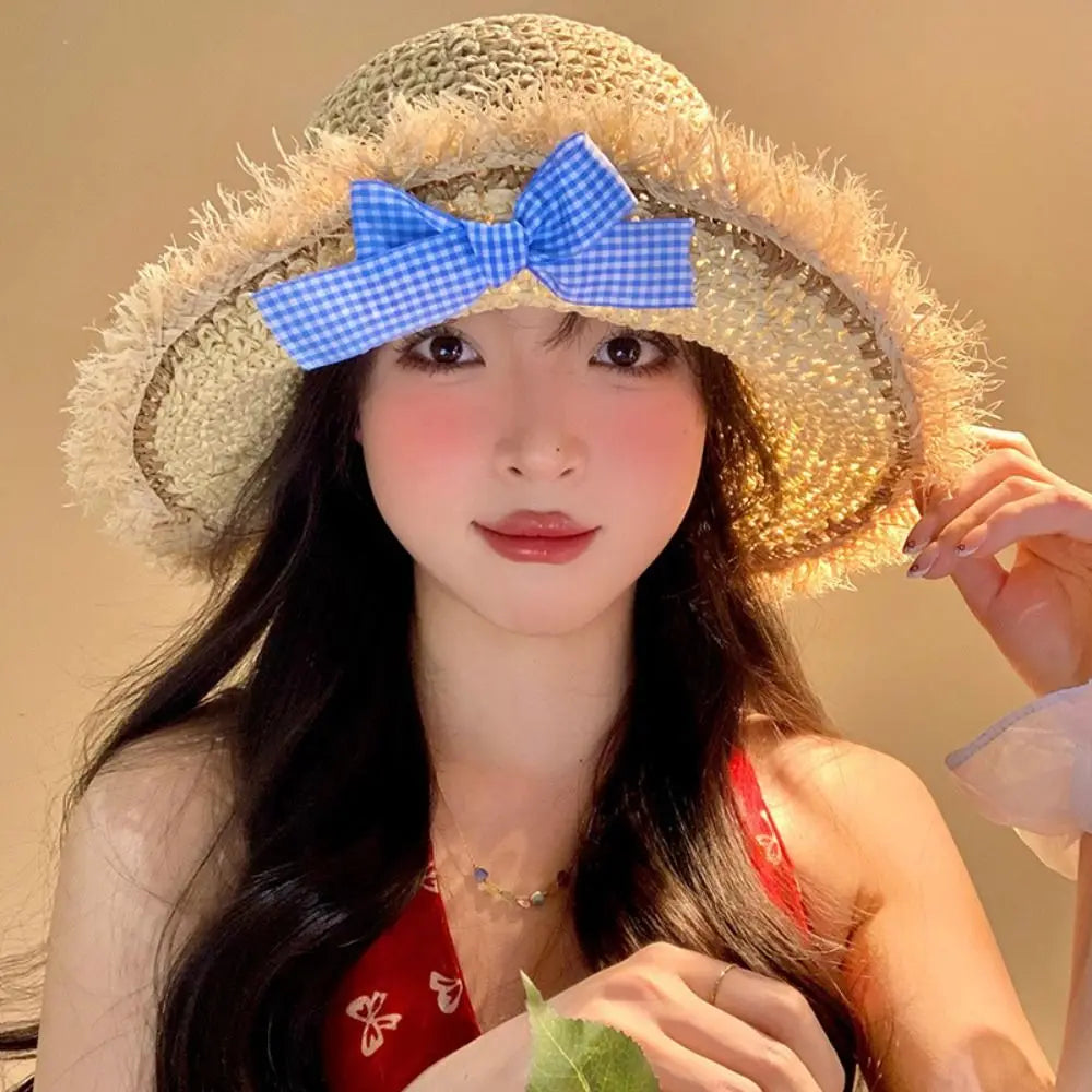 Summer Elegant Big Bowknot Sun Hat Sweet Wide Brim Woman's Straw Hat Anti UV Sun Protection Lace Brim Sunshade Cap Beach