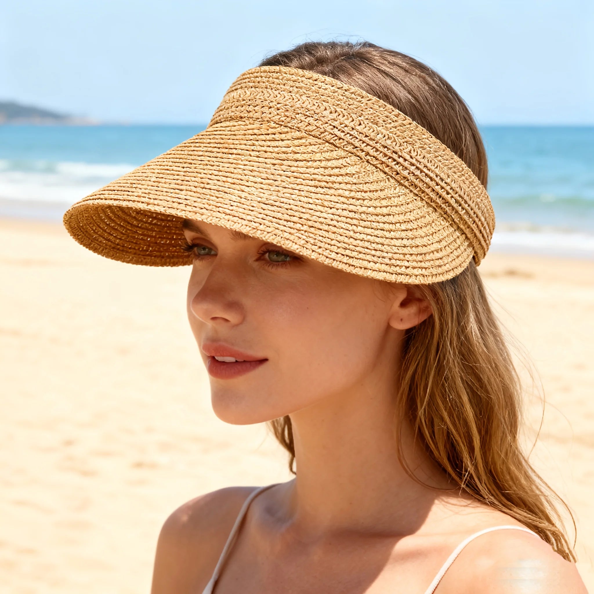 Summer  Woven Sun Hat, Wide Brim UV Resistant Summer Beach Hat, Can Roll Up Ponytail Travel Sun Hat