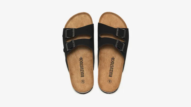 2025 Male Comfortable Slipper Man's Leather Sandal Beach Men Designer Brands Shoes Leather buckle cork slippers Summer Homme