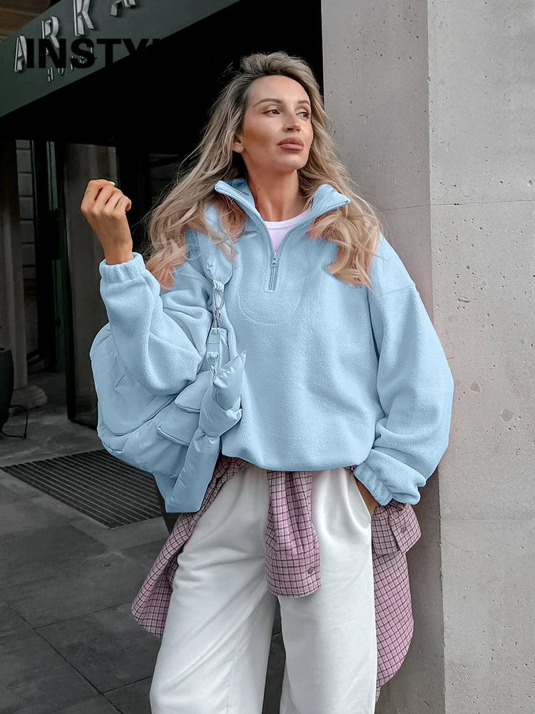 Women Autumn Winter Fleece Hoodies Elegant Stand Collar Zipper Loose Sweatshirt Elegant Solid Pullover Casual Top Streetwear