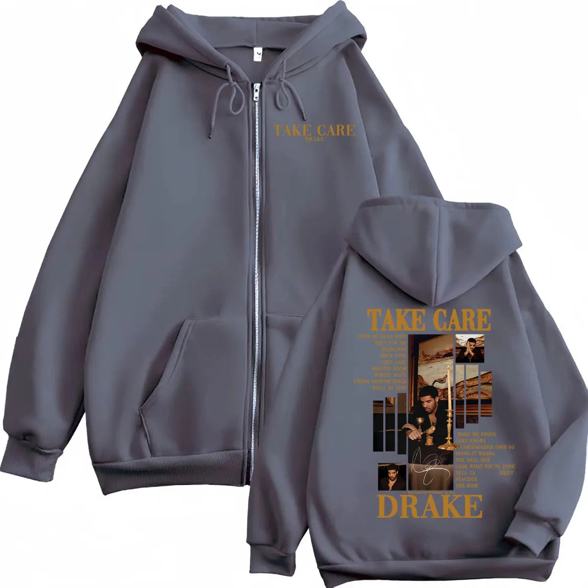 Rapper Drake Take Care Album Merch Zipper Hoodies Hip Hop Vintage Zip Up Hooded Sweatshirts Men Women Casual Fashion Pullovers
