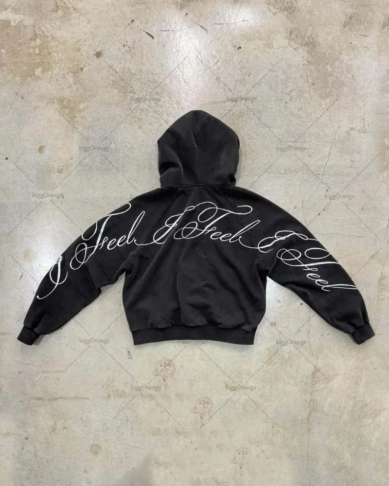 Punk Gothic Letters Hot Diamond American Retro Men and Women Pullover Hoodie Personalized Fashion Loose Casual Sweatshirt