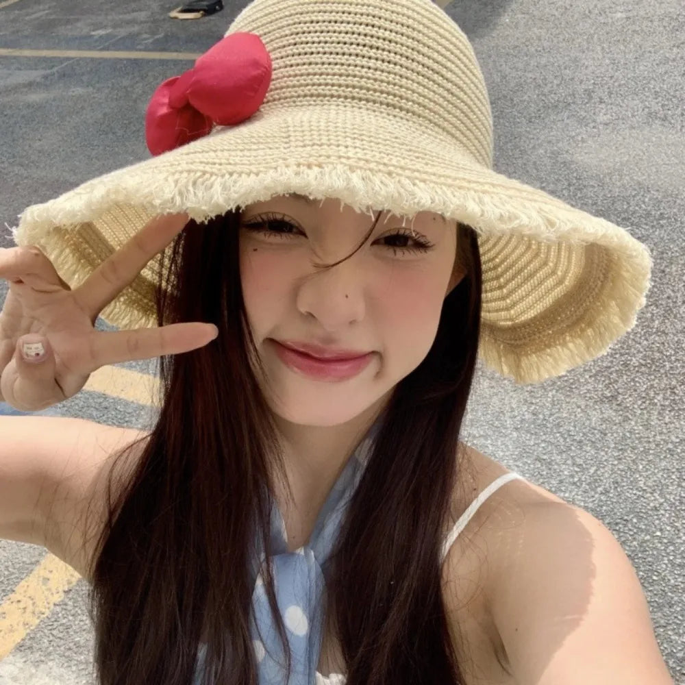 Summer Elegant Big Bowknot Sun Hat Sweet Wide Brim Woman's Straw Hat Anti UV Sun Protection Lace Brim Sunshade Cap Beach