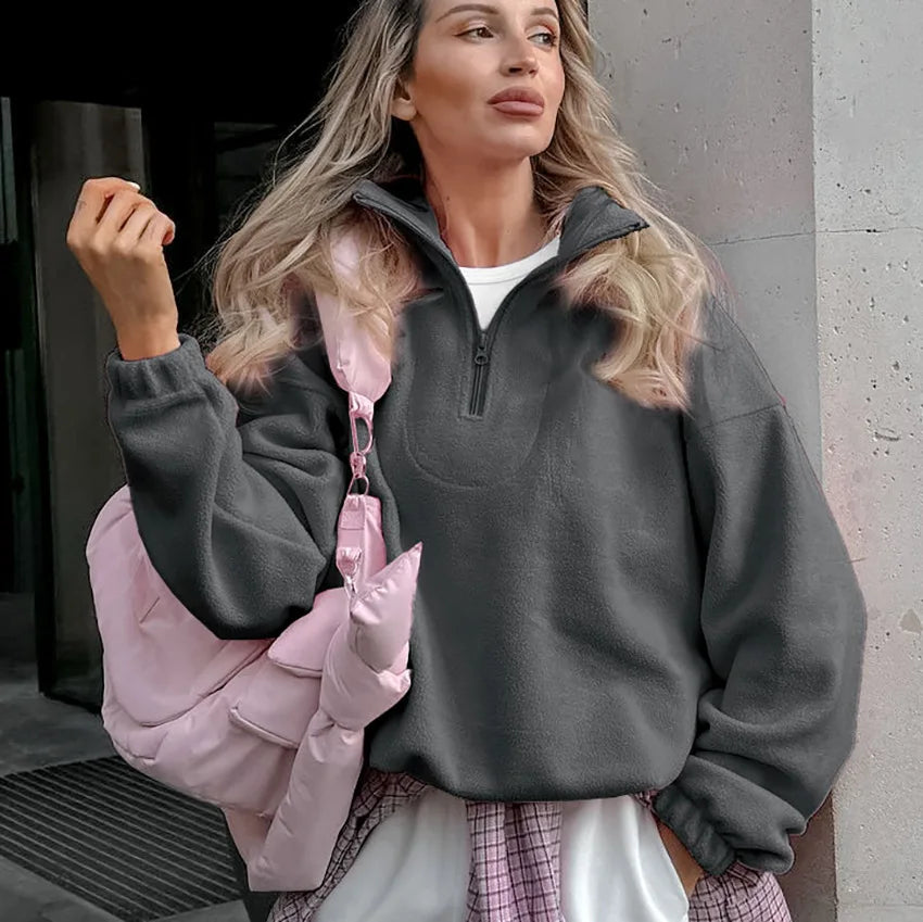 Women Autumn Winter Fleece Hoodies Elegant Stand Collar Zipper Loose Sweatshirt Elegant Solid Pullover Casual Top Streetwear