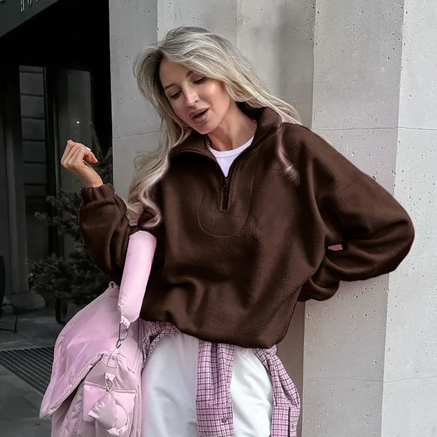Women Autumn Winter Fleece Hoodies Elegant Stand Collar Zipper Loose Sweatshirt Elegant Solid Pullover Casual Top Streetwear