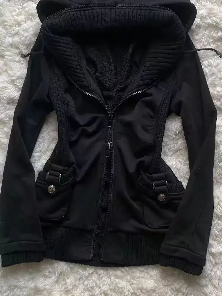 Gothic Black Hoodie Women American Retro 90s Punk  Pocket Multifunctional Pattern Sweatshirt Hoodie Fashion Casual Cardigan