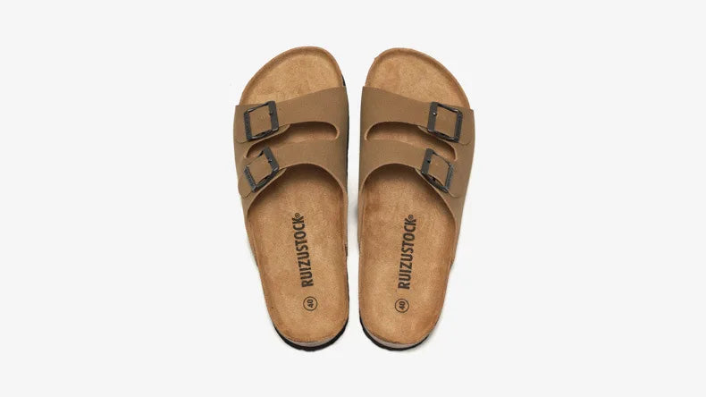 2025 Male Comfortable Slipper Man's Leather Sandal Beach Men Designer Brands Shoes Leather buckle cork slippers Summer Homme