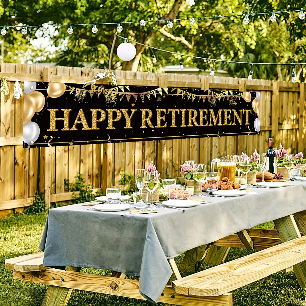 Retirement decorating banner Black and Gold Retirement banner marks retirement party decorating supplies Hanging home decor