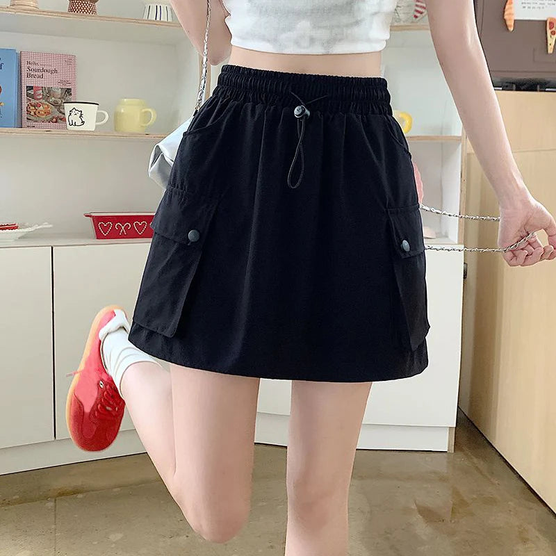 Summer Female Ins Korean Cargo Short Skirts Hot Sale Women Quick Drying Dress Girls Drawstring High Waist Thin Skirts