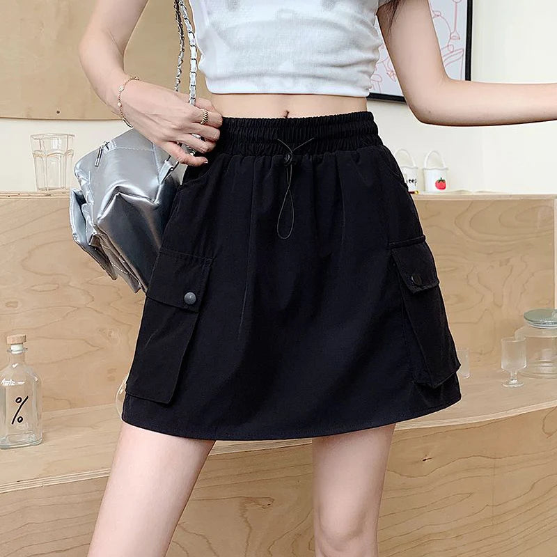 Summer Female Ins Korean Cargo Short Skirts Hot Sale Women Quick Drying Dress Girls Drawstring High Waist Thin Skirts