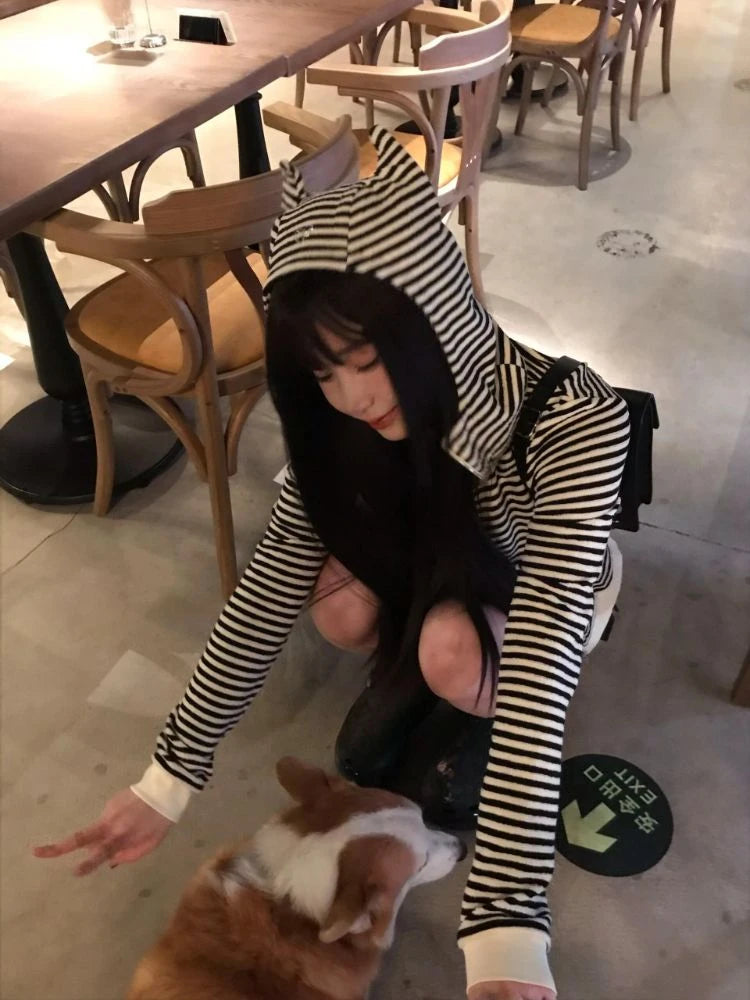 Vintage Sexy Stripe Loose Harajuku Devil's Cape Hooded Hoodies Women Diamond Hoody Y2k Aesthetic Grunge Zipper Sweatshirt Tops