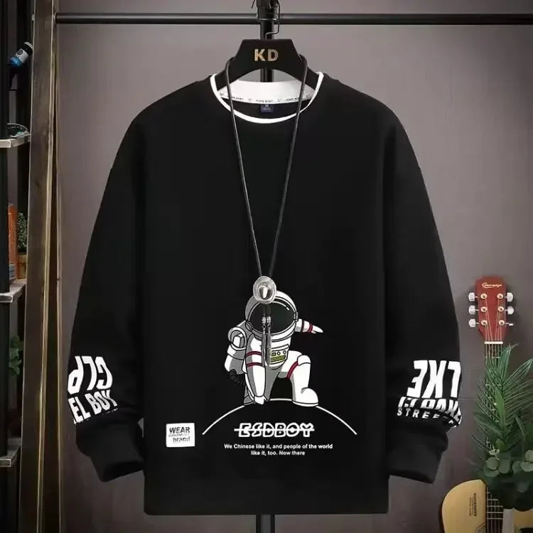 Autumn Men's Sweatshirt Adolescent Astronaut Printed Long Sleeve T-shirt Fashion Men's Clothing Grey O Neck Harajuku Top New