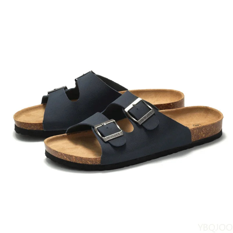 2025 Male Comfortable Slipper Man's Leather Sandal Beach Men Designer Brands Shoes Leather buckle cork slippers Summer Homme