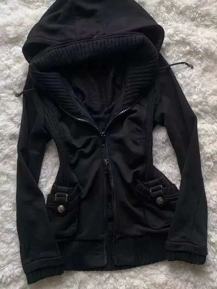 Gothic Black Hoodie Women American Retro 90s Punk  Pocket Multifunctional Pattern Sweatshirt Hoodie Fashion Casual Cardigan