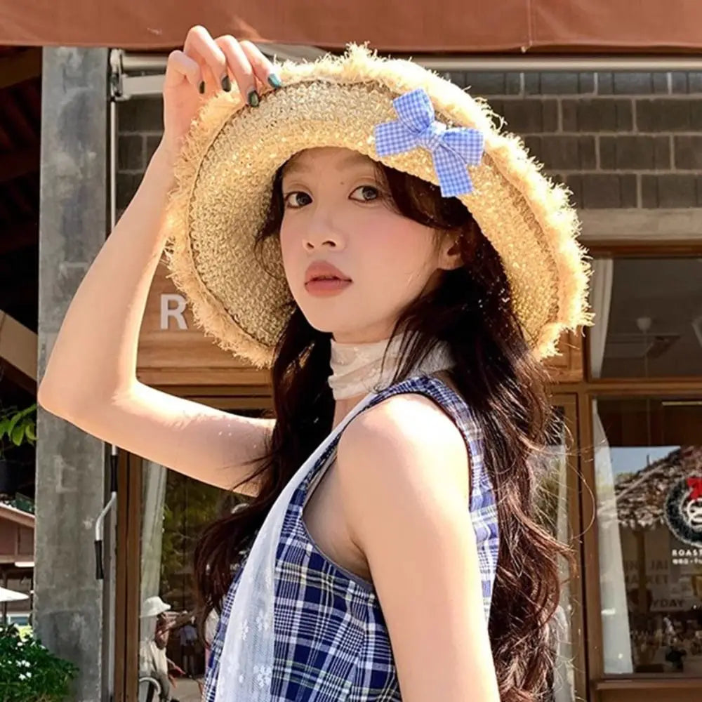 Summer Elegant Big Bowknot Sun Hat Sweet Wide Brim Woman's Straw Hat Anti UV Sun Protection Lace Brim Sunshade Cap Beach