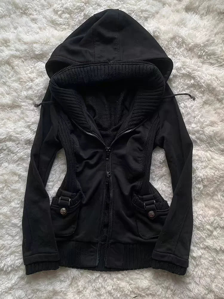Gothic Black Hoodie Women American Retro 90s Punk  Pocket Multifunctional Pattern Sweatshirt Hoodie Fashion Casual Cardigan